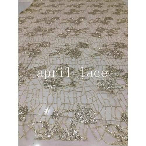 Stock 5 yards new bzh029 # champagne gold pattern glued glitter mesh tulle lace fabric for sawing bridal wedding dress