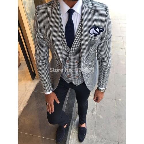 Groomsmen Small Plaid With Black Groom Tuxedos Peak Lapel Men Suits Wedding Best Man 3 Pieces ( Jacket+Pants+Vest+Tie ) C839