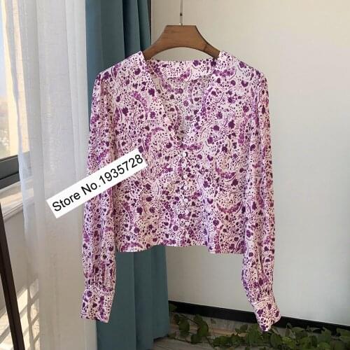 Ladies 2021 Summer New Wisteria Floral Silk Top - Women Light Luxury V-neck Waist Vintage Lantern Sleeve Shirt