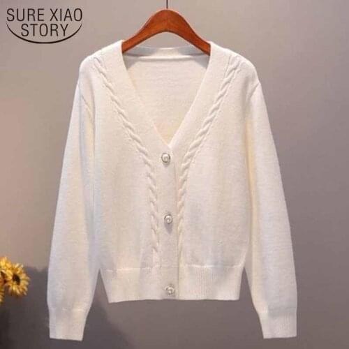 V-neck Twist Casual New Korean Style Loose Outer Solid White Sweater 2021 Autumn And Winter Cardigan Knitted Sweater Women 11845