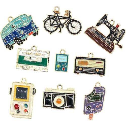 10pcs/pack Sewing Machine Camera Bus Bicycle Enamel Game Console Charms Pendant For DIY Fashion Jewelry Accessories Findings