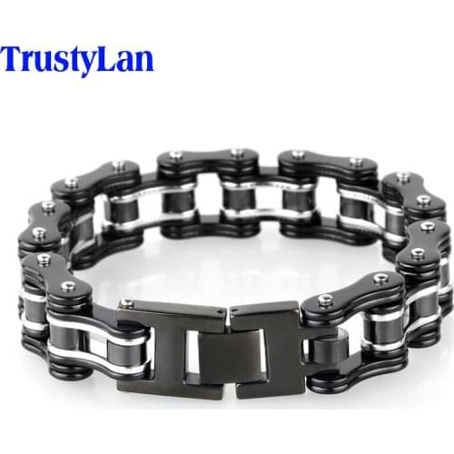 16MM Wide Black Stainless Steel Man Bracelet Male Cool Biker Motorcycle Chain Friendship Mens Bracelets 2018 Armband TrustyLan