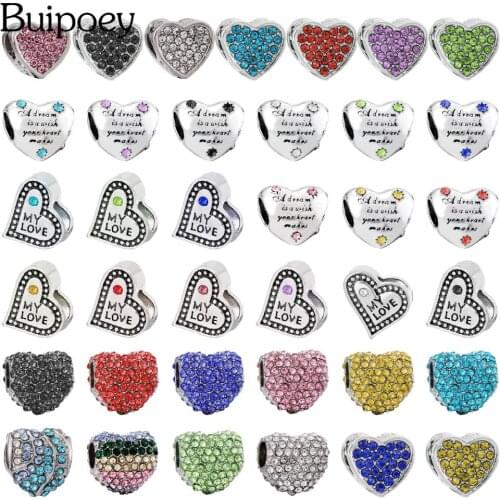 Buipoey Silver Color My Love Heart Beaded Rhinestone Heart-shaped Beads Fit Diy Bracelets Necklace Jewelry Making Accessories