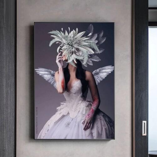Flowers Feathers and Woman Canvas Painting Angel Girl Posters and Prints Nordic Art Living Room Home Decorative Picture Painting