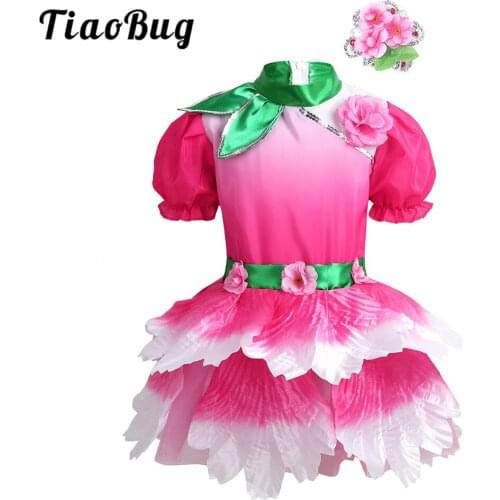 TiaoBug Kids Puff Sleeves 3D Flower Leotard Girls Ballet Tutu Dress with Headwear Modern Stage Performance Jazz Dance Costume