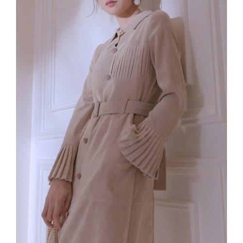 Elegant Casual Beige Midi Long Flare Sleeve Winter Dress Women Corduroy Pleated Single Breaste Waisted Dresses Robe Hiver