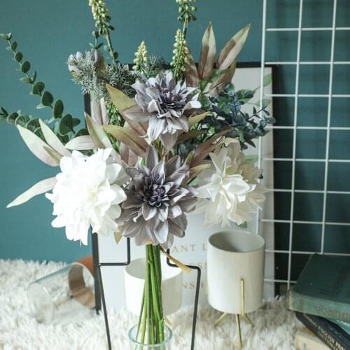 Dahlia hand flowers with Eucalyptus hand grass for home wedding decorations Luxury grey artificial flowers
