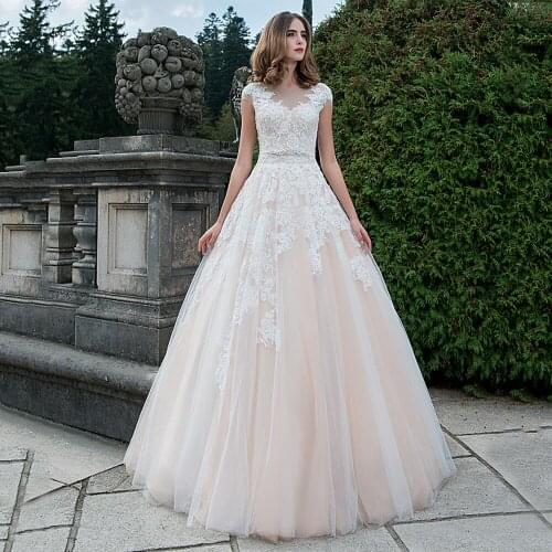 Illusion Boat Neck Lace Appliques Beads Belt Cap Sleeve Bridal Tulle Ball Gown Boho Wedding Dress 2020 Vestido De Noiva