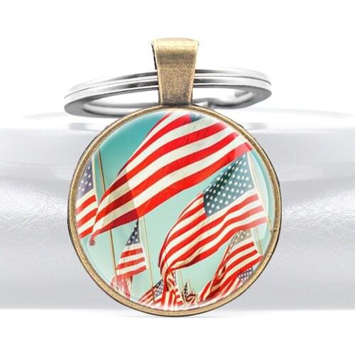 Classic Vintage American flag Design Glass Dome Metal Key Chain Charm Men Women Key Ring Jewelry Gifts Keychains