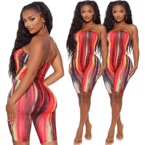 Multicolor Striped Chest Wrapped Jumpsuits Sexy Print Strapless Slim Tube Rompers Women Middle Waist Straight Shorts Playsuit