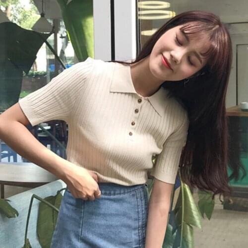 Korean Slim W330 Knitted Summer Tshirts Women Turn Down Collar Short Sleeve Striped Shirts Casual Vintage Tops Buttons Harajuku