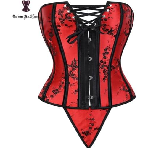 Floral Lace Up Boned Corsettes Plum Blossom Embroidered Steampunk Corset Bustier Top Sexy Red Womens Shapewear Plus Size 839