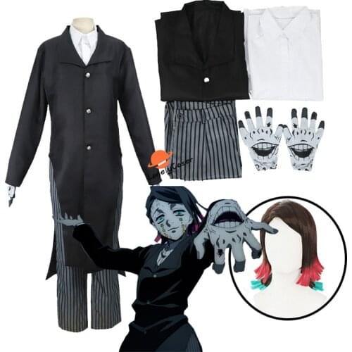 Anime Demon Slayer Enmu Cosplay Costume Kimetsu no Yaiba Wig Coat Shirt Pants Gloves Halloween Party Black Uniform Men