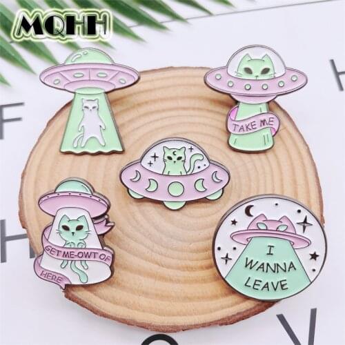 Creative Punk Space Ship UFO Enamel Pins Shape Cat Starry Sky Alloy Brooch Cartoon Badge Woman Jewelry Gift For Friends