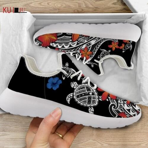 KUILIU Polynesian Hibiscus Turtle Print Autumn Women Sport Shoes Comfort Lace-Up Mesh Casual Sneakers For Girls Walking Footwear