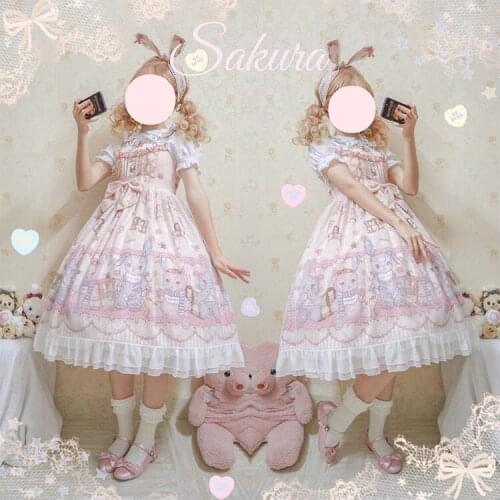 Sweet princess lolita dress retro lace bowknot cute printing high waist victorian dress kawaii girl tea party gothic lolita jsk