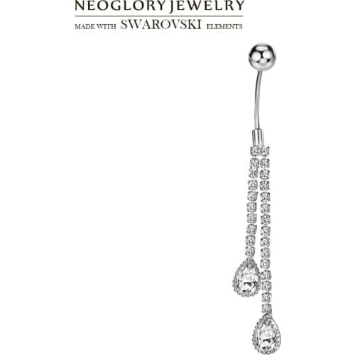 Neoglory Austria Rhinestone & Zircon Body Jewelry Brilliant Double With Water Drop Chains Navel & Bell Button Ring For Holiday