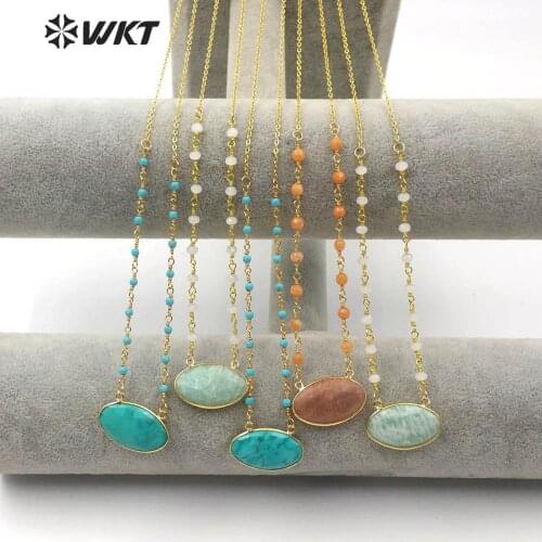 WT-N1168 Wholesale Natural stone necklace Oval amazonite/turquoi se stone with gold electroplate Stone beads Chain necklace