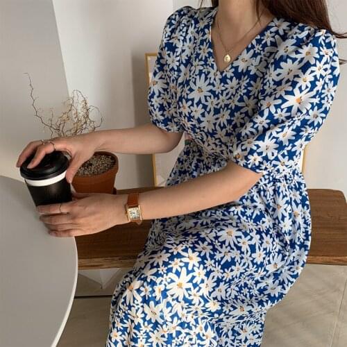 Long Summer Dress Women Daisy Flower French Short Sleeve V-Neck Loose Over the Knee Long Dress Female Vestidos