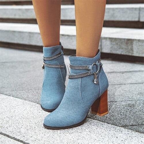 PXELENA Drop Ship Retro Women Ankle Boots Crystal Studded Chunky Block High Heels Biker Punk Rock Gothic Shoes Plus Size 34-43