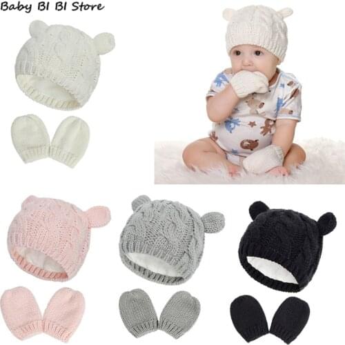 1 Set Baby Hat and Mittens Set Kids Knitted Cotton Beanie Cap Winter Warm Boys Girls Double Pompom Hats Gloves