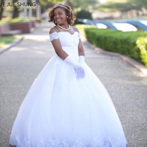 E JUE SHUNG Vintage Lace Appliques Wedding Dresses Off the Shoulder Lace Up Back Wedding Gowns Bride Dress