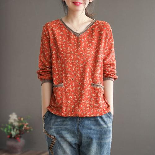 Vintage T Shirt Women Long sleeve Shirt Cotton Linen V neck Loose Tee Shirt Woman Autumn Clothes Basic Tshirt Ladies Top Casual