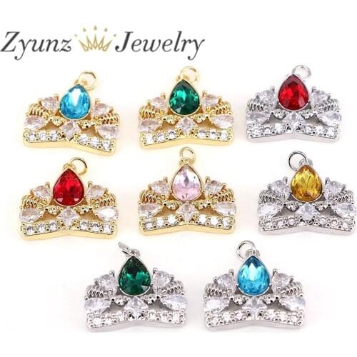10PCS, Crystal Zircon Crown Pendant-Cubic Zirconia Crown Charm Necklace-DIY Jewelry Making