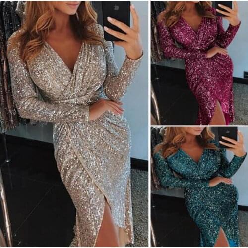 2021 New Fashion Sexy Women V Ncek Solid Sequined Glitter Stitching Shining Club Long Sleeved Mini Dress For Female