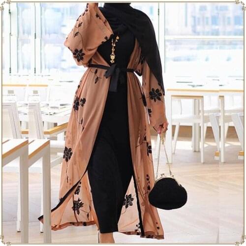 Aligaia Printed Embroidery Dress For Women Chiffon Muslim Women Embroidery Chiffon Mesh Cardigan Blouse Roupas Feminina Clothing
