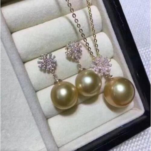 Free shipping Jewelry huge 10-11mm south sea round gold pearl necklace 14