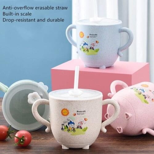 Childrens wheat straw binaural cup Straw cup with lid Kindergarten household milk drinking cup can be heated by microwave