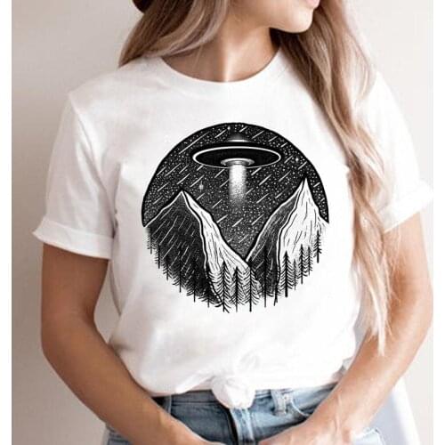 Women T Shirt UFO Mountain Tee Lady Graphic Short Sleeve Fashion Cartoon Top Clothes Female 90s T-shirt Clothing