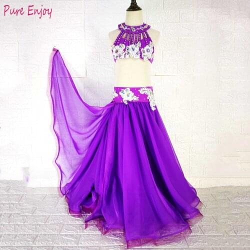 Rhinestone Belly Dance Costumes! Women performance belly dance show main set bra top + skirt 2pcs handmade belly dance set