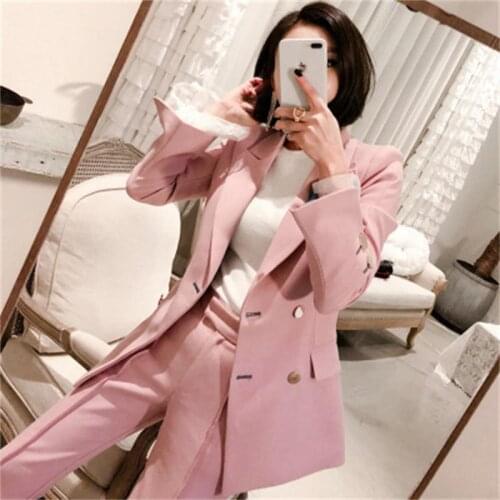 Fashion Pink suit suits femme spring and autumn New casual Double-breasted suit + pants Two-piece set OL suit women
