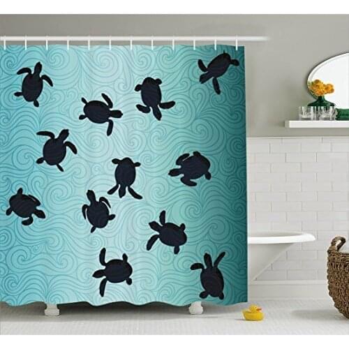 Marine Shower Curtain Baby Sea Turtles Swimming Silhouette from The Bottom of Ocean Underwater Display Bathroom Curtains