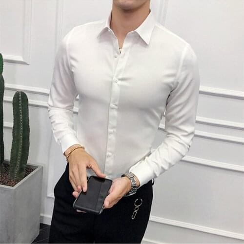 Mens Fashion Business Casual Formal Wear Long Sleeve Shirt male Four Seasons Pure Color Slim Single-breasted Office White Shirt