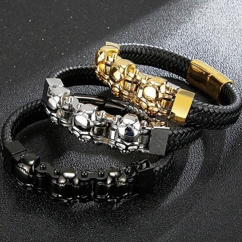 Punk Skull Heads Mens Bracelets Cowhide Leather Bracelet For Men Gold Black Stainless Steel Biker Accessory Jewelry Dropshipping