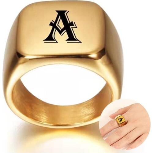 YWSHK Personalised Initial Engrave A to Z Alphabet Mens Ring Signet Blank Plain Ring Band High Polished Gold Tone Free Shipping