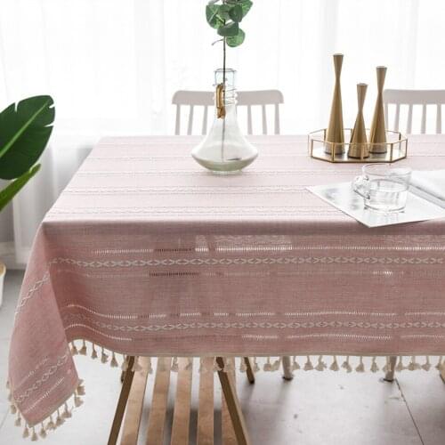 Nordic Table Cloth Striped Tablecloth Cotton Linen Rectangle Pink Table Covers Home Decor Hollow Kitchen Table Linen With Tassel