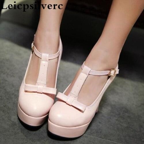 Autumn new T type belt with thick waterproof table high heel women shoes sweet bow high heel shoes