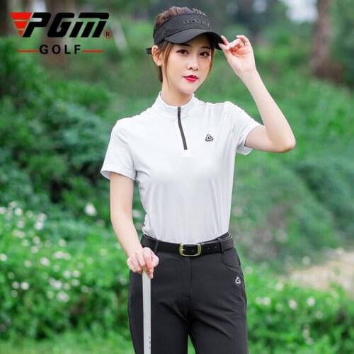 PGM Golf Apparel Womens Short Sleeve T Shirt Lady Clothing Zipper Stand Collar Quick Dry Tennis Sports Wear White Colors S ~ XL