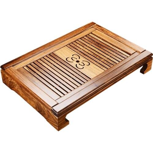 Black ebony tea tray solid wood Home rosewood tea table Simple water storage drainage Kung Fu teaware large rectangular tray