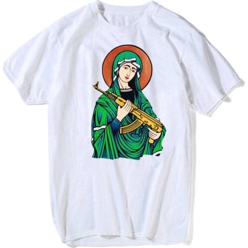 Madonna Popular Female Singer Crystal Castles T Shirt Mens White T-shirts Blessed Virgin Mary Kalashnikov Gun Harajuku Tshirt