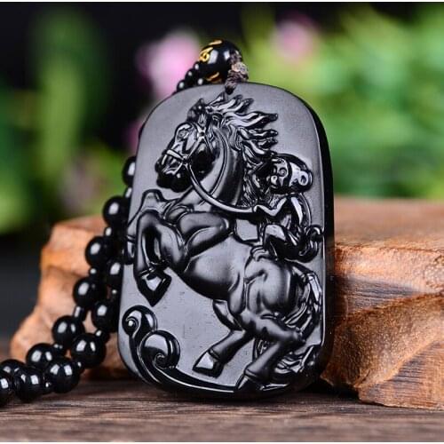 Natural Obsidian Horse Jade Pendant Jewelry Lucky Exorcise Evil Spirits Auspicious Amulet Jade Pendant Fine Jewelry