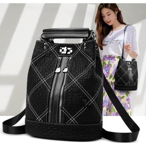 Casual Women Backpack New Female Shoulder Bag Luxury Soft Pu Leather Backpacks for Teenage Girl Knapsack Lattice Thread Backpack