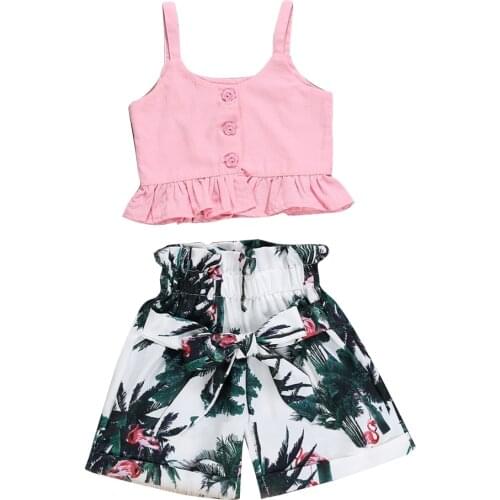 US Stock Summer Toddler Baby Girls Sling Strap Vest Button Crop Tops Floral High Waist Short Pants 2Pcs Outfits Clothes 2-6Y