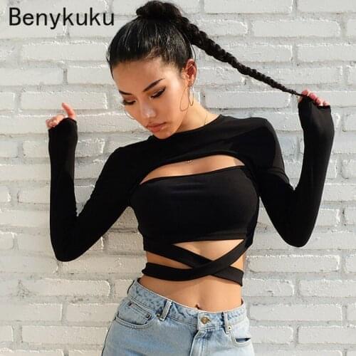 Cut Out Hole Bow Tie T-shirts for Women 2021 Fashion Streetwear Cotton Autumn Tshirt Slim Sexy Hot Black Y2k Female T-shirt Top