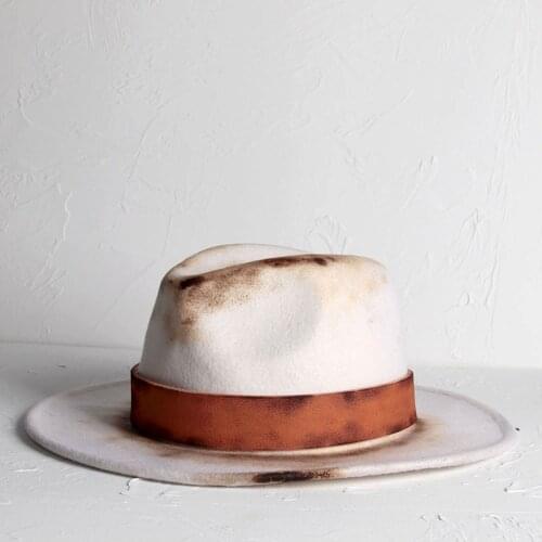 Retro 100% Wool Women Men Fedora Hat With Distressed Wide Brim Jazz Hat Lady Felt Church Hat Size 56-58CM