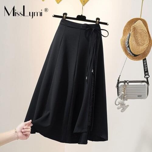 L-4XL Plus Size Women Black Skirt Summer 2021 Fashion Casual Loose Lace Patchwork Asymmetry Ladies A-line Skirt